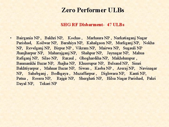 Zero Performer ULBs SHG RF Disbarment- 47 ULBs • Bairgania NP , Bakhri NP,