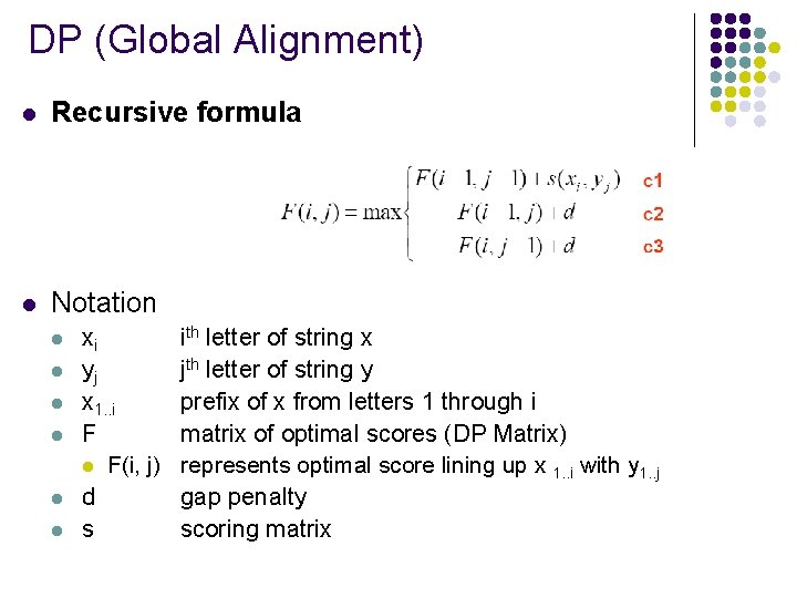 DP (Global Alignment) l Recursive formula l Notation l l l xi yj x