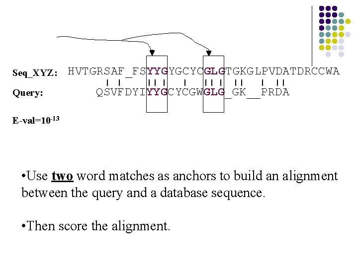 Seq_XYZ: Query: HVTGRSAF_FSYYGYGCYCGLGTGKGLPVDATDRCCWA QSVFDYIYYGCYCGWGLG_GK__PRDA E-val=10 -13 • Use two word matches as anchors to