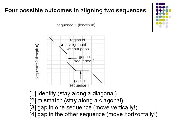 Four possible outcomes in aligning two sequences [1] identity (stay along a diagonal) [2]