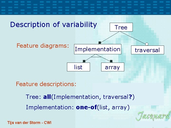 Description of variability Feature diagrams: Tree Implementation list array Feature descriptions: Tree: all(Implementation, traversal? Description of variability Feature diagrams: Tree Implementation list array Feature descriptions: Tree: all(Implementation, traversal?