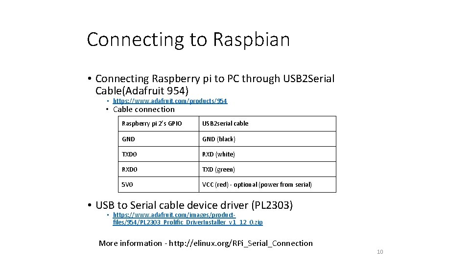 Connecting to Raspbian • Connecting Raspberry pi to PC through USB 2 Serial Cable(Adafruit