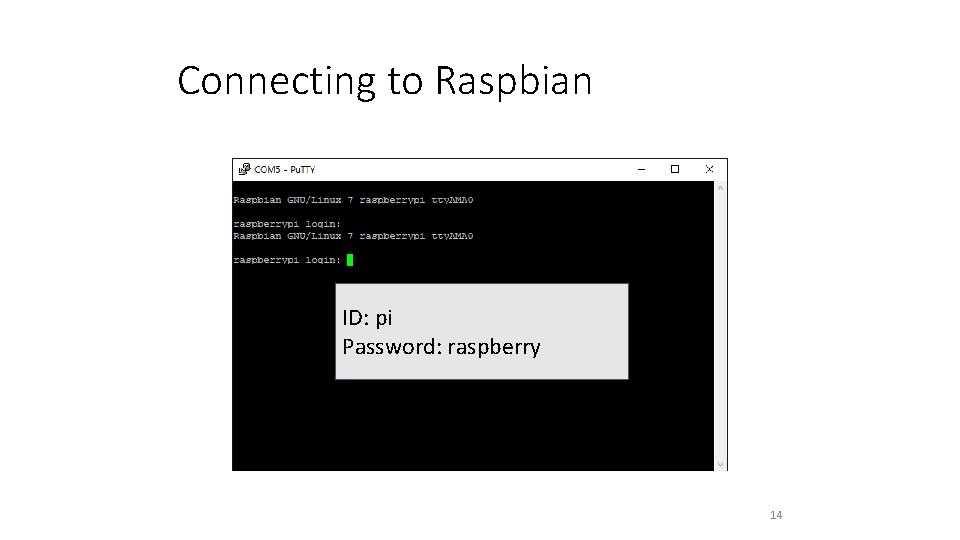 Connecting to Raspbian ID: pi Password: raspberry 14 