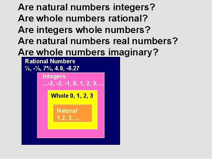 Are natural numbers integers? Are whole numbers rational? Are integers whole numbers? Are natural