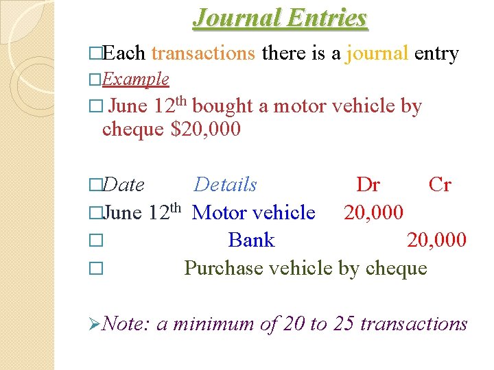 Journal Entries �Each transactions there is a journal entry �Example � June 12 th