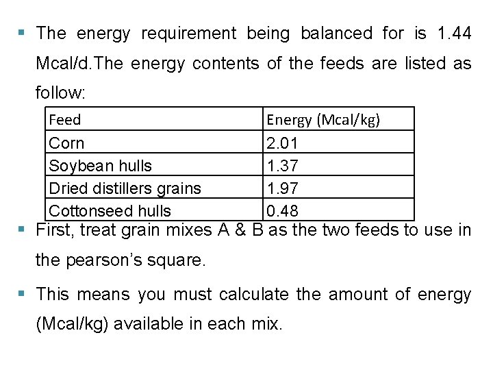 § The energy requirement being balanced for is 1. 44 Mcal/d. The energy contents