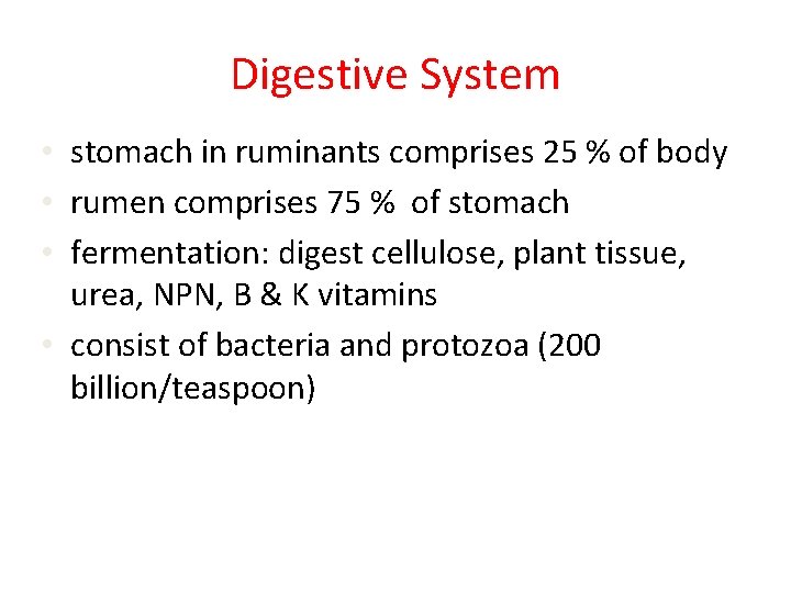 Digestive System • stomach in ruminants comprises 25 % of body • rumen comprises