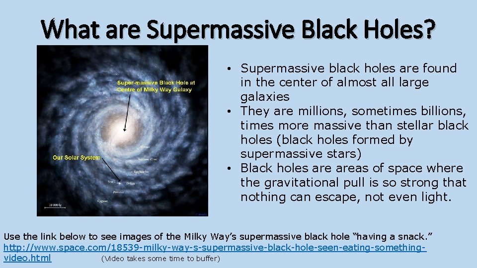 What are Supermassive Black Holes? • Supermassive black holes are found in the center