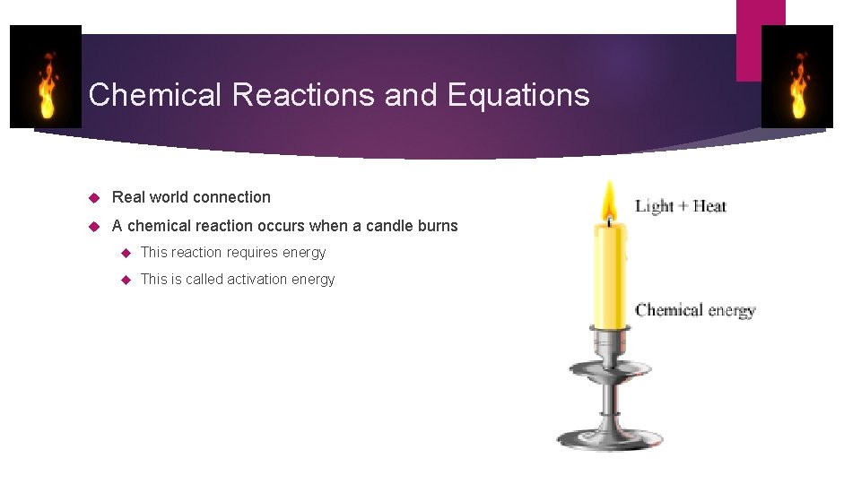 Chemical Reactions and Equations Real world connection A chemical reaction occurs when a candle