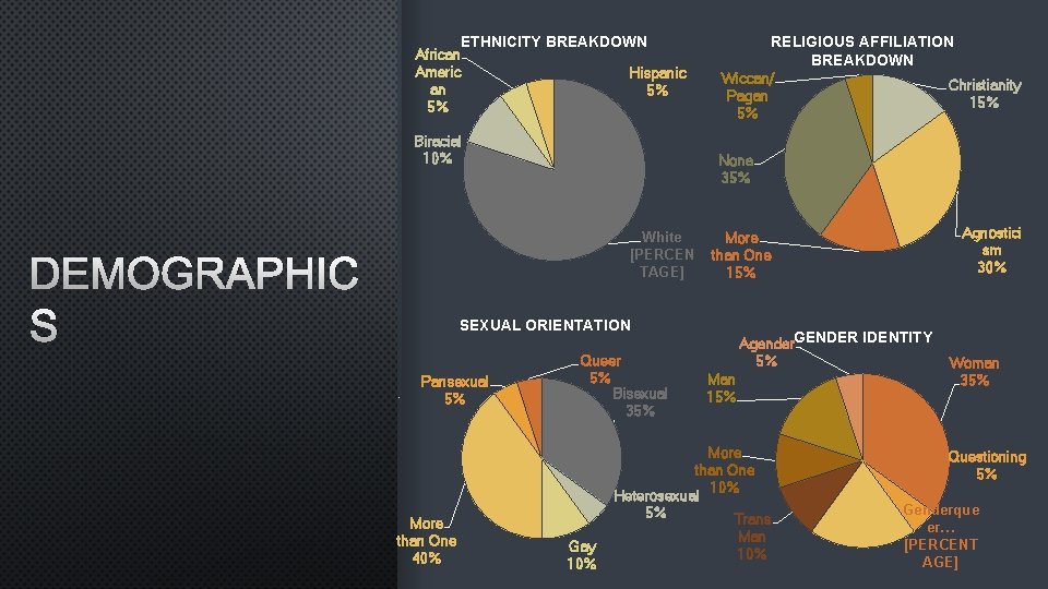 ETHNICITY BREAKDOWN African Americ an 5% Hispanic 5% Biracial 10% None 35% White [PERCEN