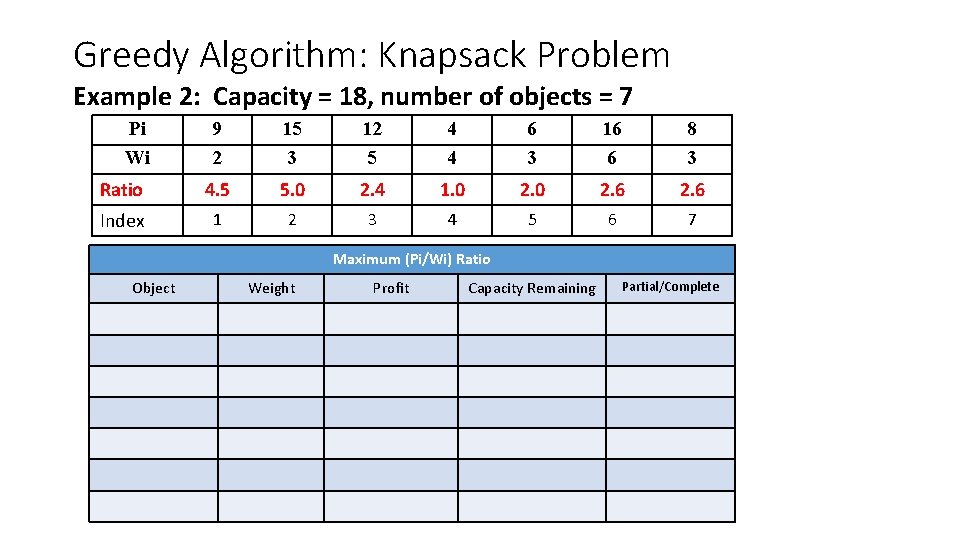 Greedy Algorithm: Knapsack Problem Example 2: Capacity = 18, number of objects = 7