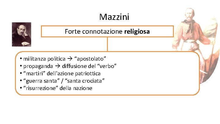 Mazzini Forte connotazione religiosa • militanza politica “apostolato” • propaganda diffusione del “verbo” •