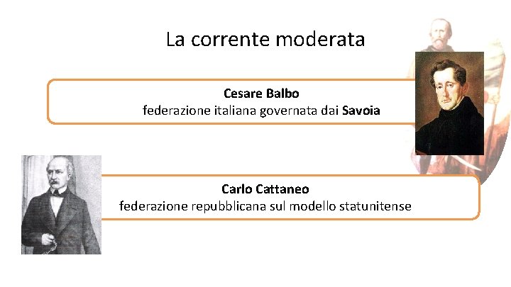 La corrente moderata Cesare Balbo federazione italiana governata dai Savoia Carlo Cattaneo federazione repubblicana