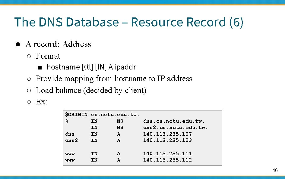 The DNS Database – Resource Record (6) ● A record: Address ○ Format ■