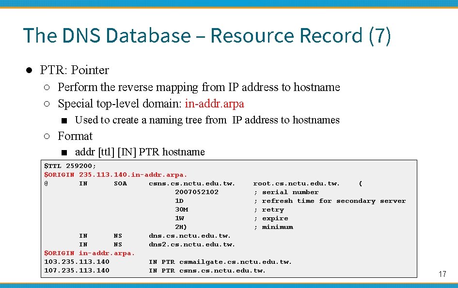 The DNS Database – Resource Record (7) ● PTR: Pointer ○ Perform the reverse
