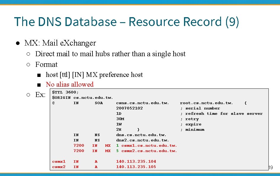 The DNS Database – Resource Record (9) ● MX: Mail e. Xchanger ○ Direct