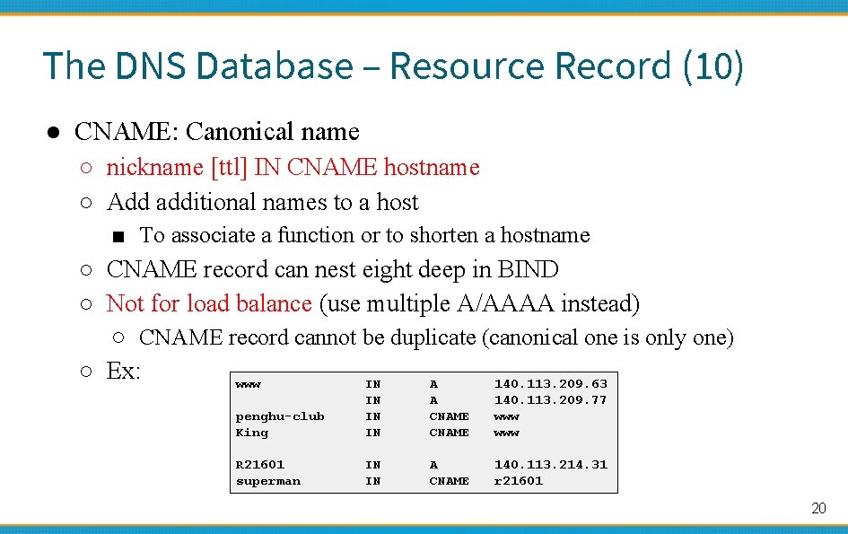 The DNS Database – Resource Record (10) ● CNAME: Canonical name ○ nickname [ttl]