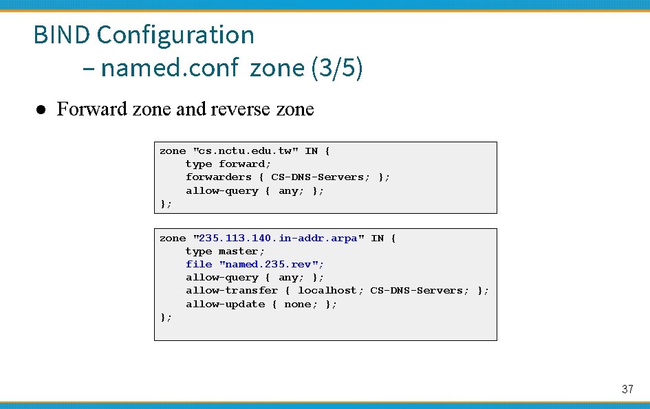 BIND Configuration – named. conf zone (3/5) ● Forward zone and reverse zone "cs.