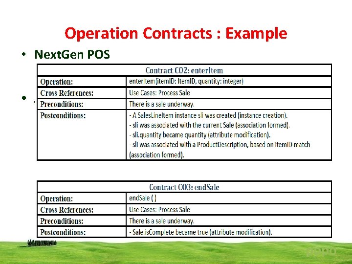 Operation Contracts : Example • Next. Gen POS • System Operations of Process Sale