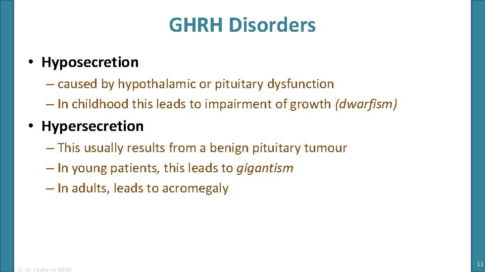 GHRH Disorders • Hyposecretion – caused by hypothalamic or pituitary dysfunction – In childhood