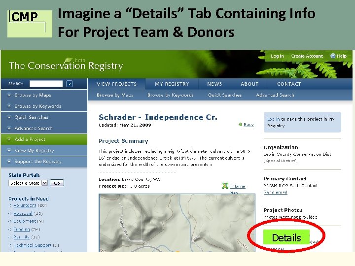 CMP Imagine a “Details” Tab Containing Info For Project Team & Donors Details 