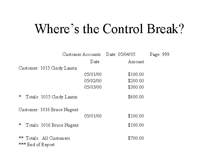 Where’s the Control Break? Customer Accounts Date: 05/04/05 Date Amount Customer: 1015 Cindy Laurin