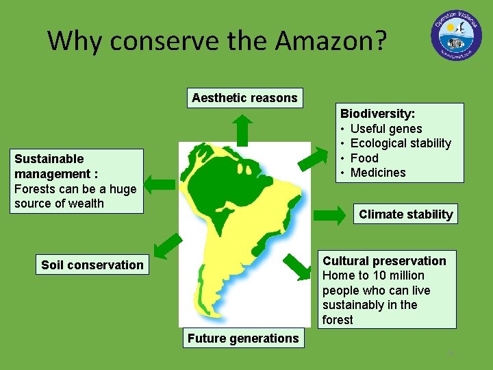 Why conserve the Amazon? Aesthetic reasons Biodiversity: • Useful genes • Ecological stability •