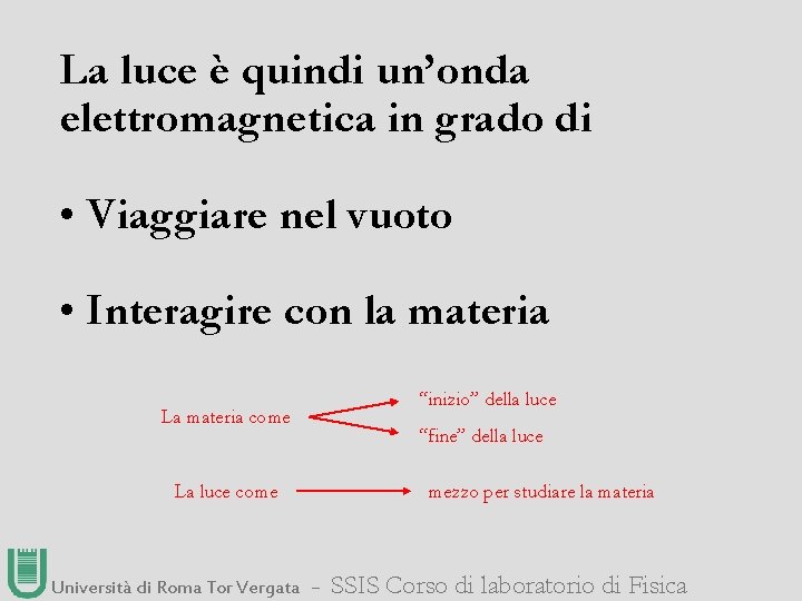 La luce è quindi un’onda elettromagnetica in grado di • Viaggiare nel vuoto •