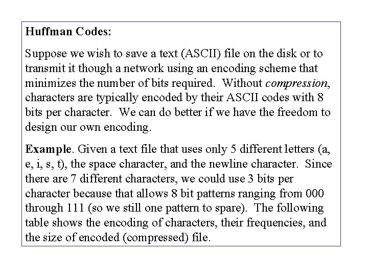 Huffman Codes: Suppose we wish to save a text (ASCII) file on the disk Huffman Codes: Suppose we wish to save a text (ASCII) file on the disk