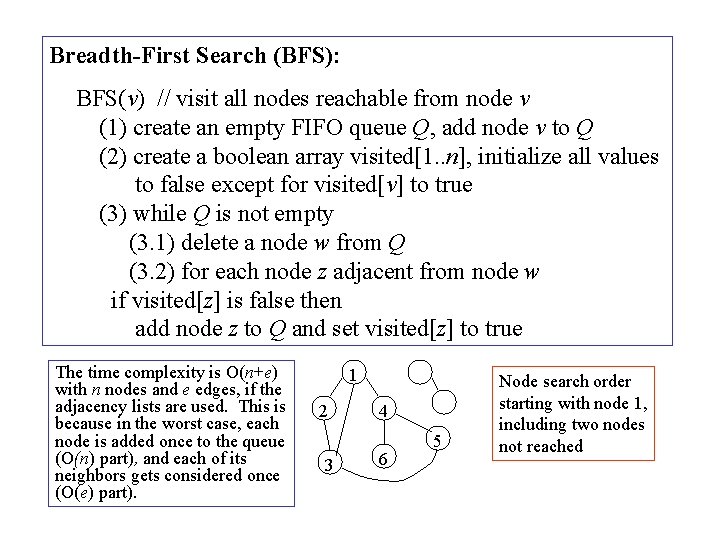 Breadth-First Search (BFS): BFS(v) // visit all nodes reachable from node v (1) create Breadth-First Search (BFS): BFS(v) // visit all nodes reachable from node v (1) create