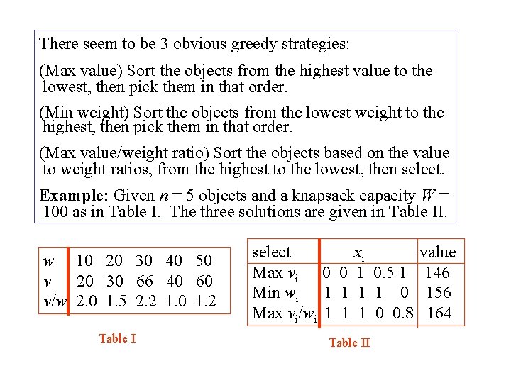 There seem to be 3 obvious greedy strategies: (Max value) Sort the objects from There seem to be 3 obvious greedy strategies: (Max value) Sort the objects from