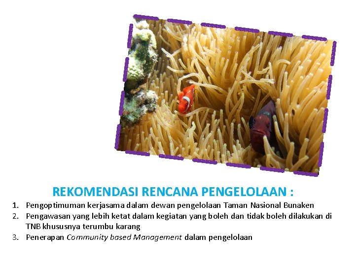 REKOMENDASI RENCANA PENGELOLAAN : 1. Pengoptimuman kerjasama dalam dewan pengelolaan Taman Nasional Bunaken 2.