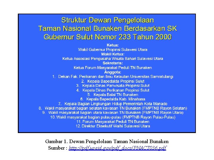 Gambar 1. Dewan Pengelolaan Taman Nasional Bunaken Sumber : http: //pdf. usaid. gov/pdf_docs/PNACT 036.