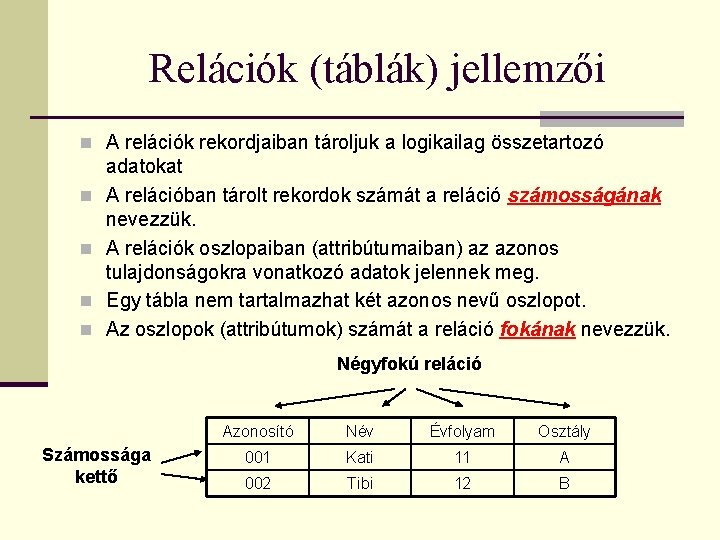 Relációk (táblák) jellemzői n A relációk rekordjaiban tároljuk a logikailag összetartozó n n adatokat