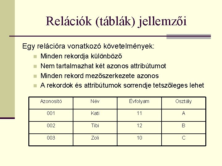 Relációk (táblák) jellemzői Egy relációra vonatkozó követelmények: n n Minden rekordja különböző Nem tartalmazhat