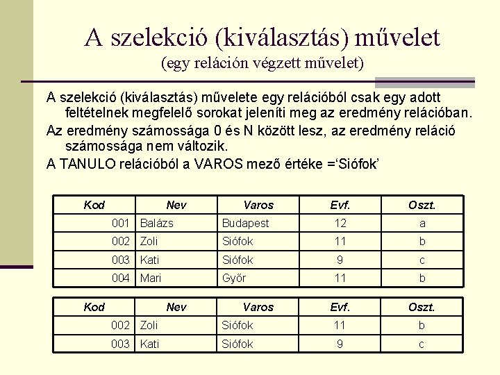 A szelekció (kiválasztás) művelet (egy reláción végzett művelet) A szelekció (kiválasztás) művelete egy relációból