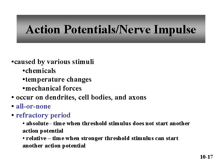 Action Potentials/Nerve Impulse • caused by various stimuli • chemicals • temperature changes •