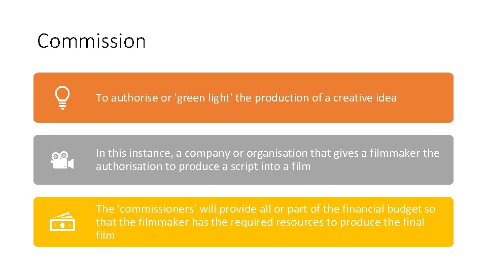 Commission To authorise or 'green light' the production of a creative idea In this