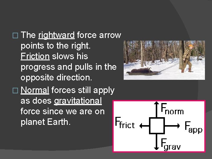 � The rightward force arrow points to the right. Friction slows his progress and