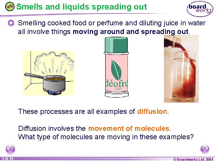 Smells and liquids spreading out Smelling cooked food or perfume and diluting juice in