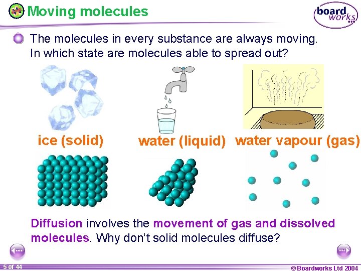 Moving molecules The molecules in every substance are always moving. In which state are