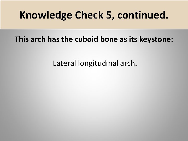 Knowledge Check 5, continued. This arch has the cuboid bone as its keystone: Lateral