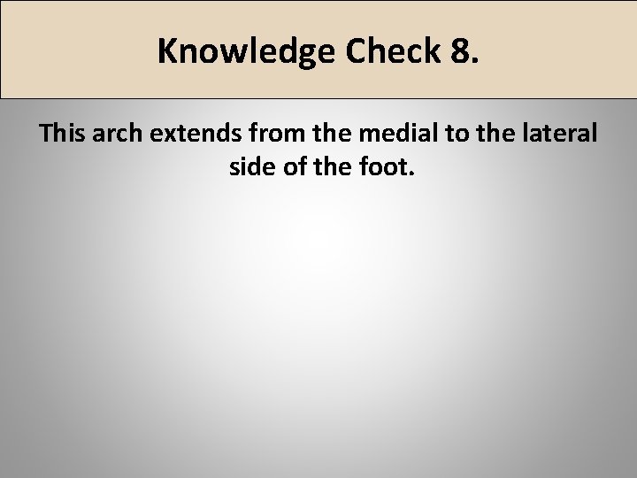 Knowledge Check 8. This arch extends from the medial to the lateral side of