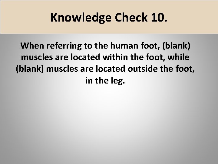 Knowledge Check 10. When referring to the human foot, (blank) muscles are located within