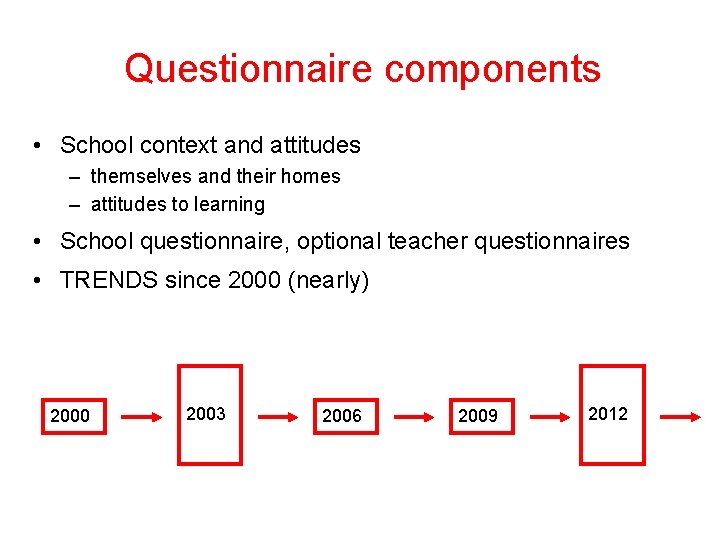 Questionnaire components • School context and attitudes – themselves and their homes – attitudes