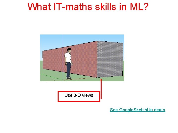 What IT-maths skills in ML? Use 3 -D views See Google. Sketch. Up demo