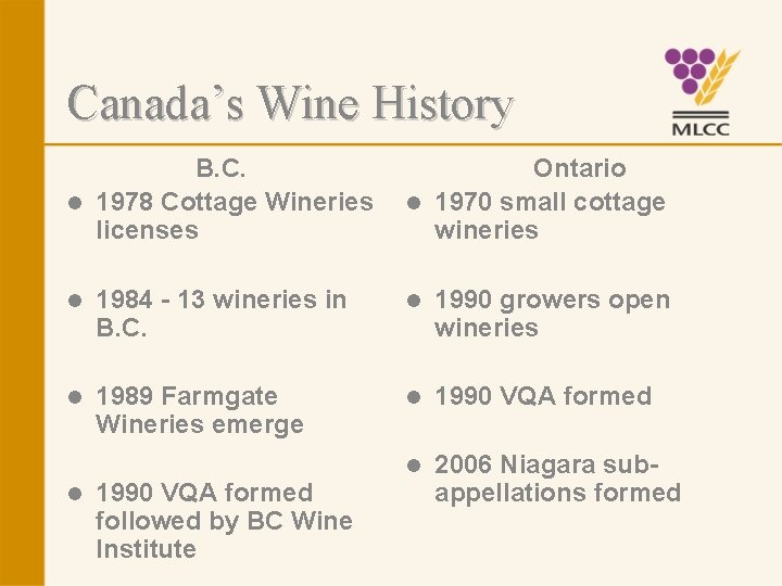 Canada’s Wine History B. C. l 1978 Cottage Wineries licenses Ontario l 1970 small