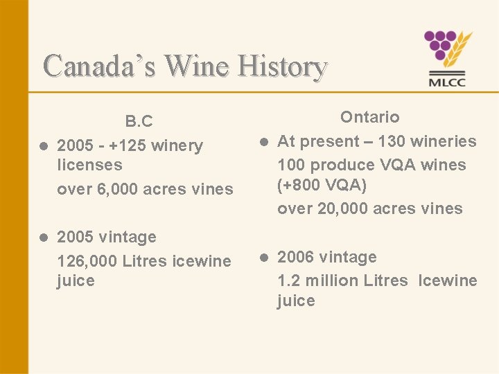 Canada’s Wine History B. C l 2005 - +125 winery licenses over 6, 000