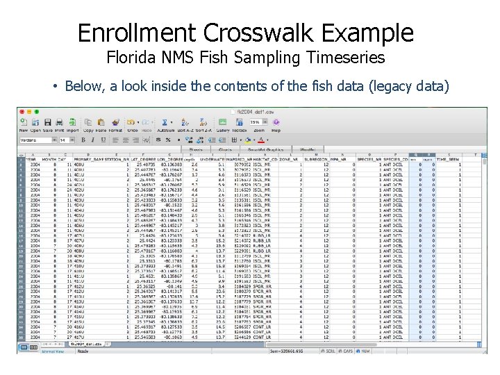 Enrollment Crosswalk Example Florida NMS Fish Sampling Timeseries • Below, a look inside the