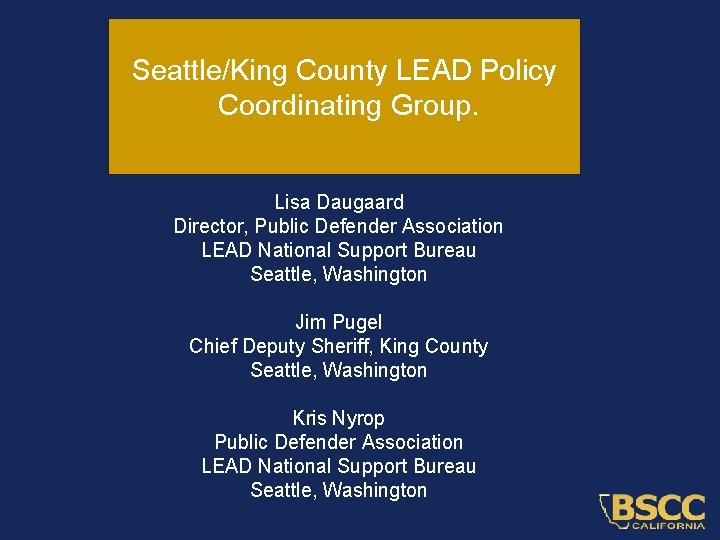 Seattle/King County LEAD Policy Coordinating Group. Lisa Daugaard Director, Public Defender Association LEAD National